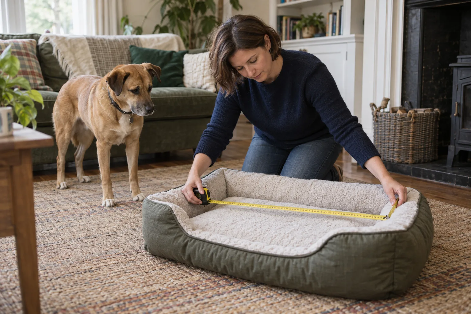 Owner measuring a dog bed’s inner cushion in a UK sitting room while a tan crossbreed stands beside her