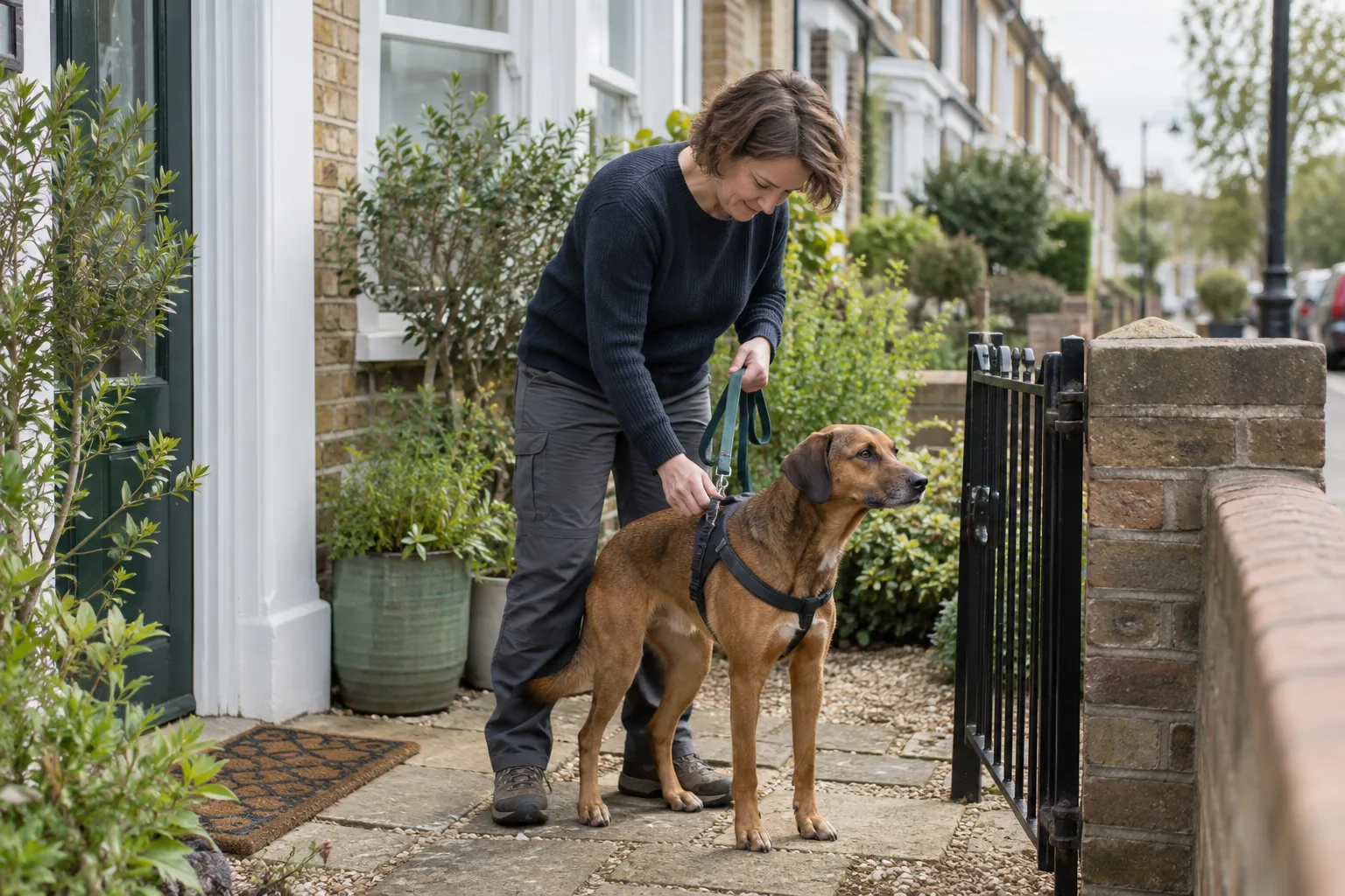 Owner checking a brown dog's harness beside a closed garden gate as part of a responsible dog ownership routine