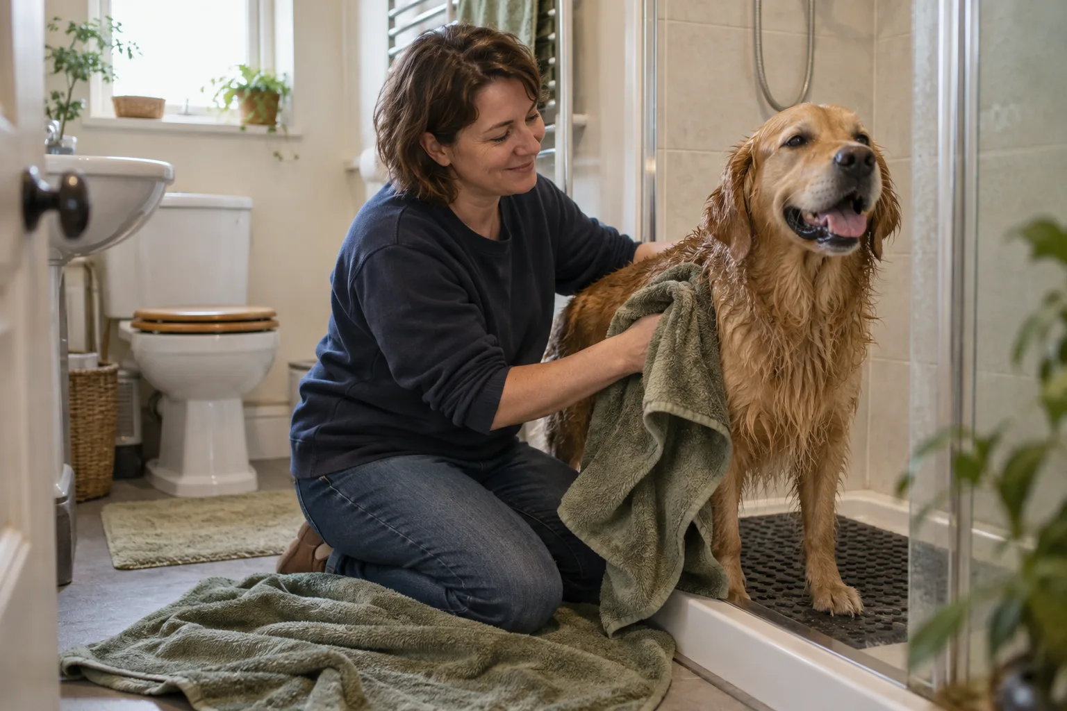 Woman towel-drying a golden retriever after a dog bath, with the dog standing on a non-slip shower mat.