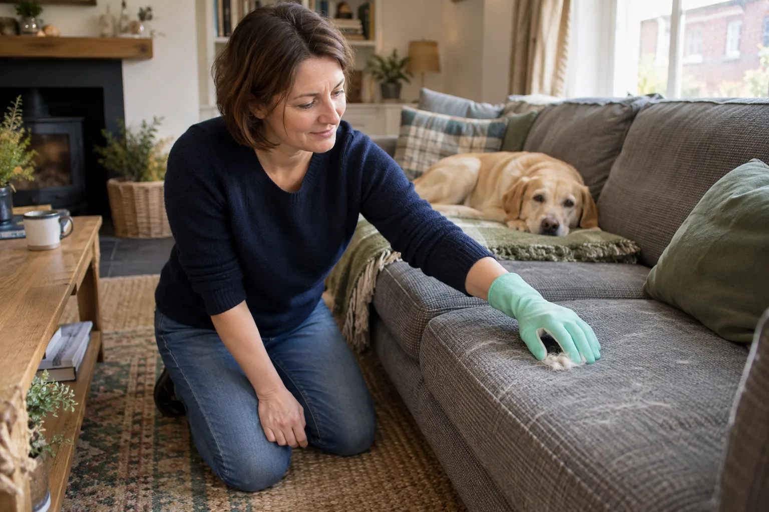 Woman using a rubber glove to remove dog hair from a grey sofa while a yellow Labrador rests on a throw