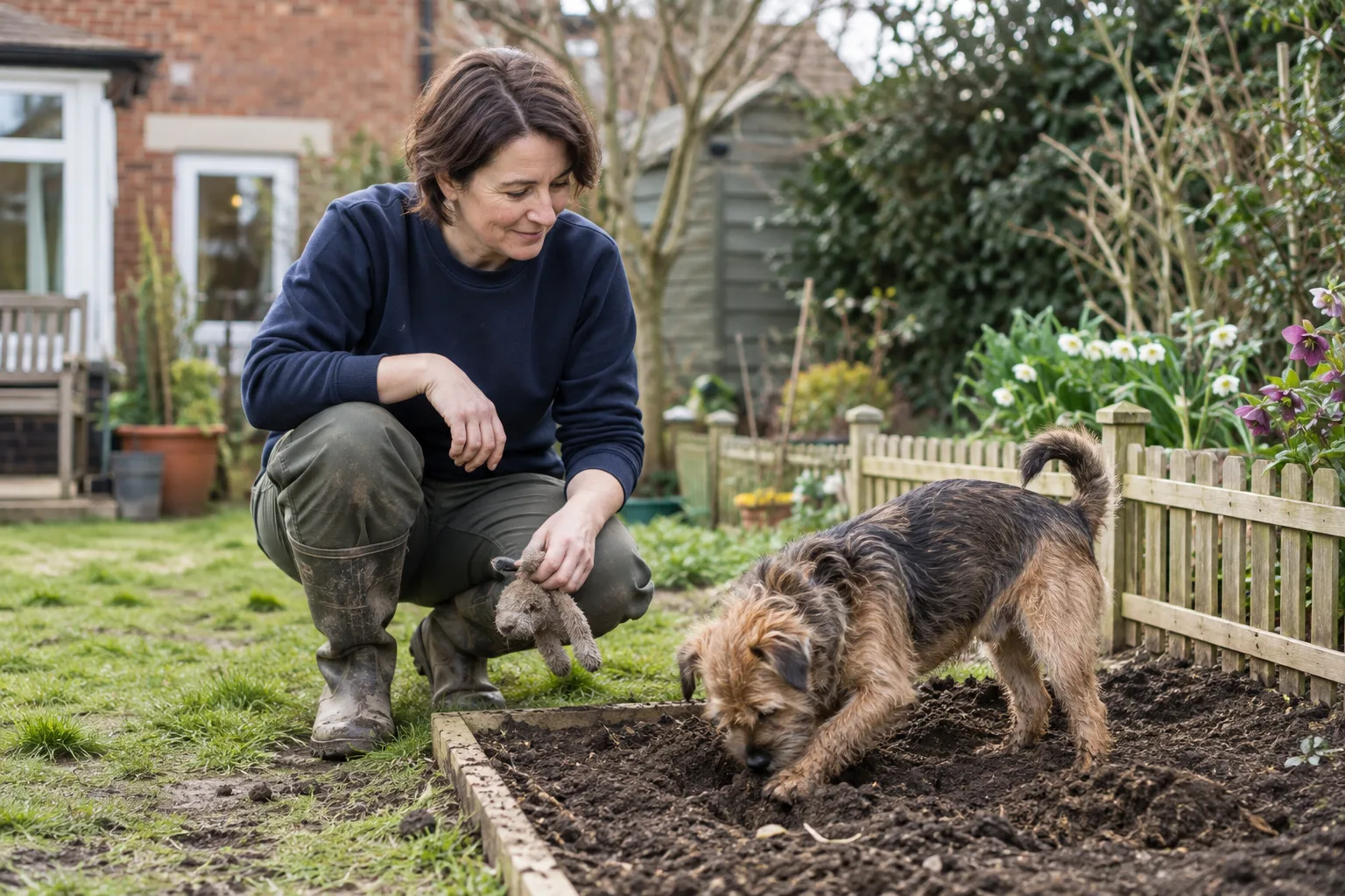 A terrier digging in a designated garden patch while its owner crouches nearby, beside a protected flowerbed