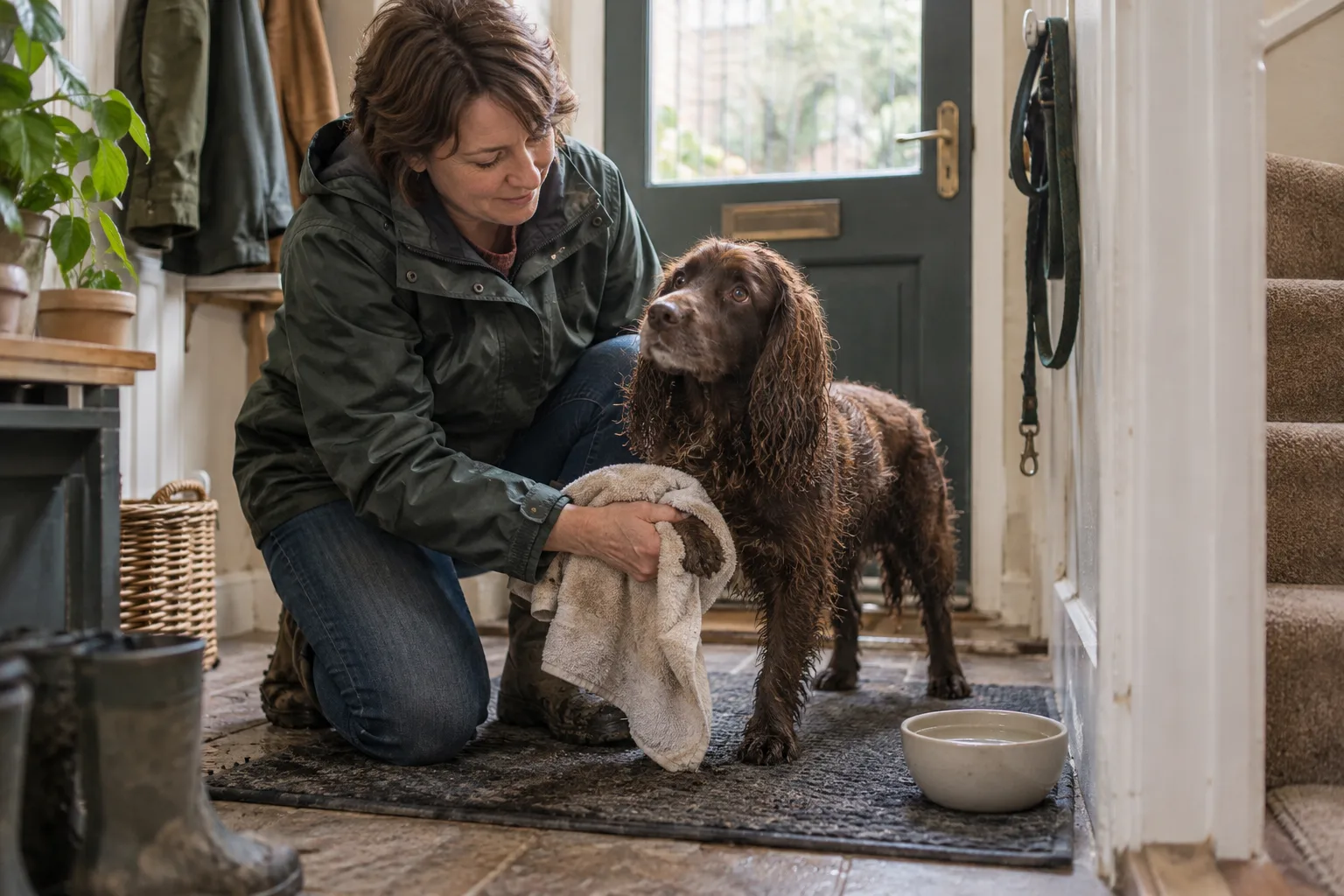 Owner drying muddy dog paws with a towel as a wet cocker spaniel stands on a mat in a terraced-house hallway