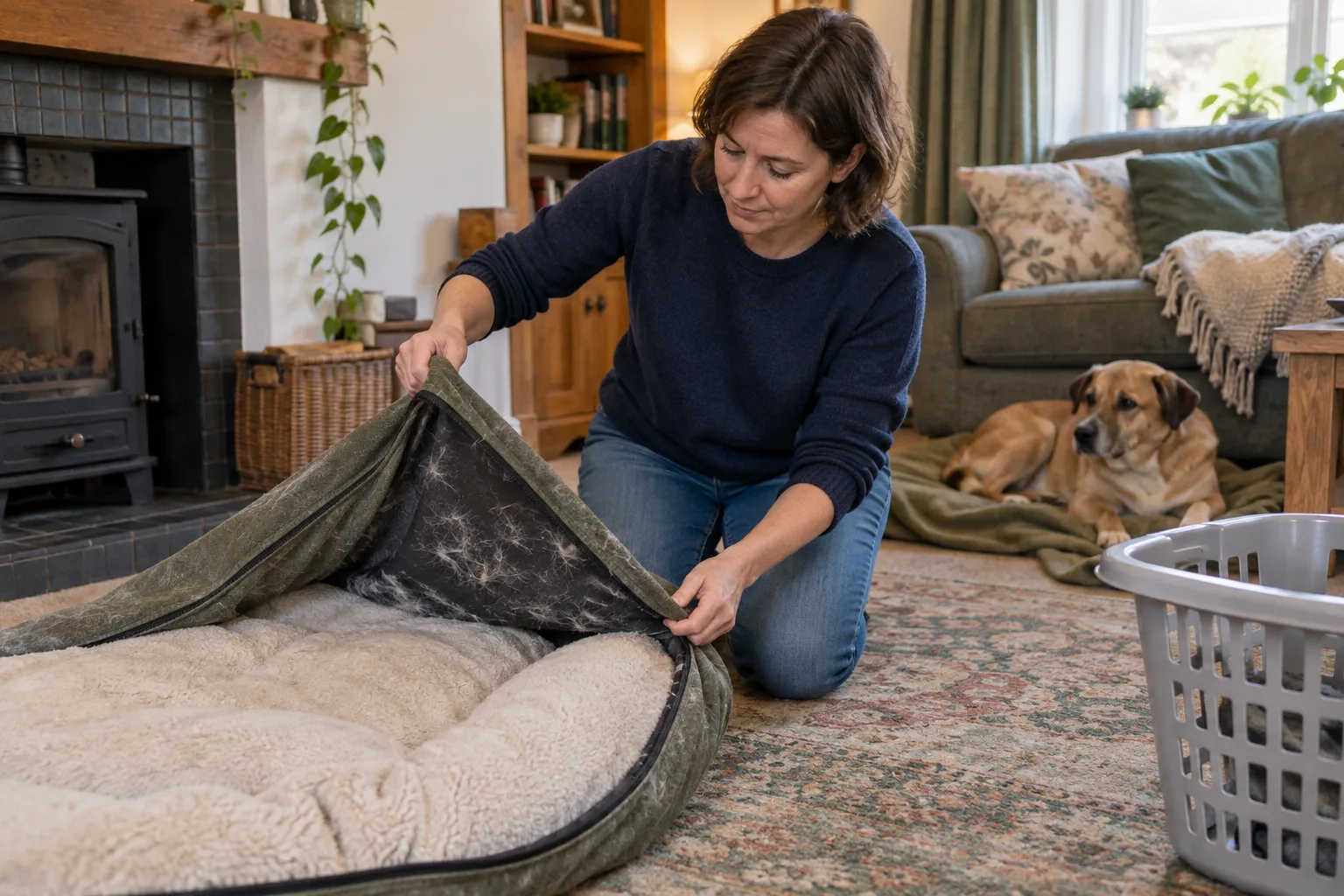 Woman lifting a hair-covered dog-bed cover beside a sofa while tackling dog smell in a British sitting room